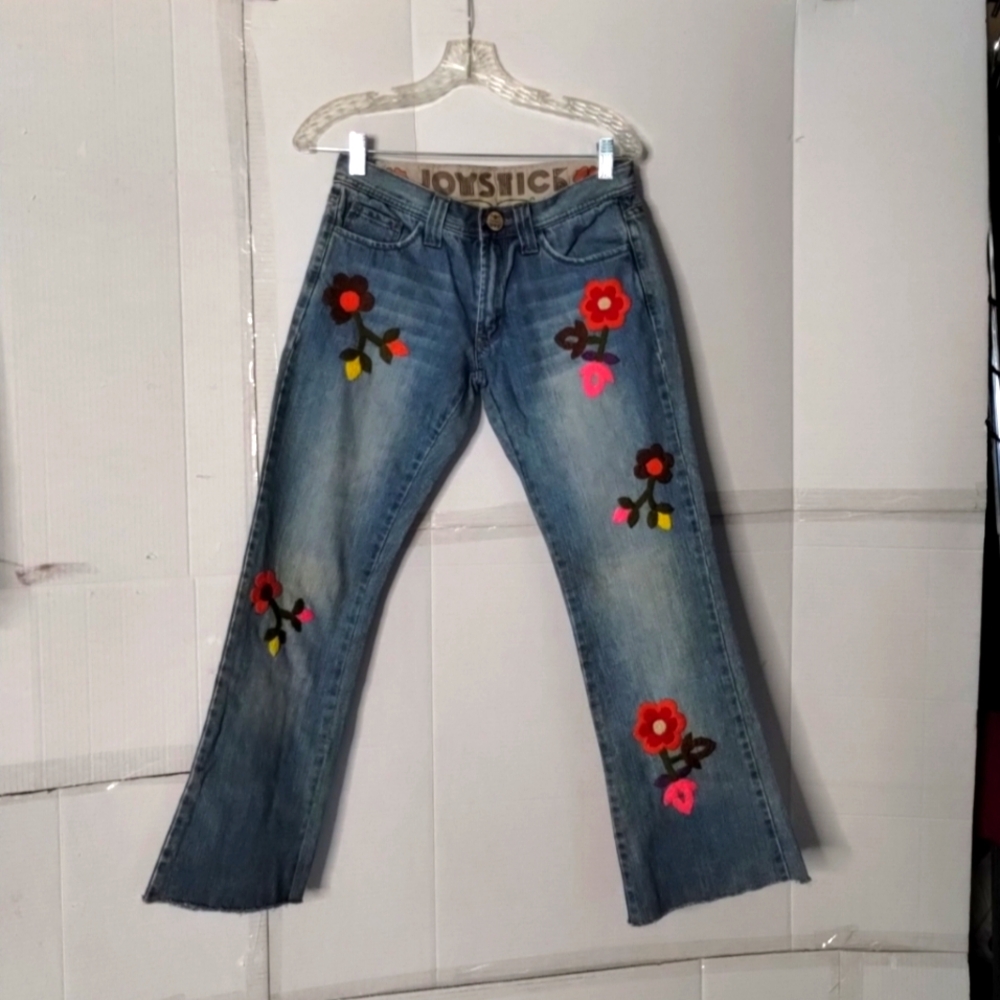 Joystick Blue Denim Floral Embroidered Jeans SZ 27 Women's Unfinished Hem Boho